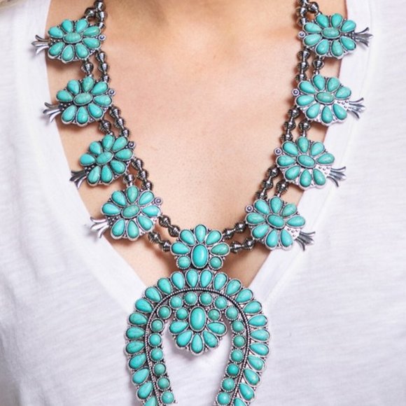 New Full Squash Blossom Natural Turquoise Stone Silver Western Necklace - Picture 1 of 5